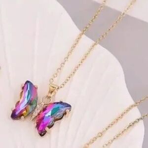 3/$35 Deep Purple Butterfly Pendant Necklace Gold Iridescent Crystal Charm